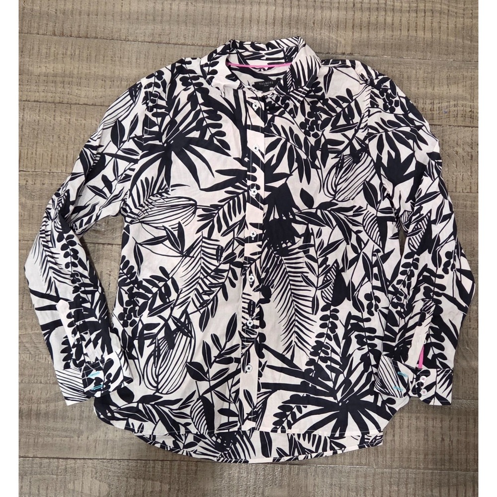 Talbots Petite Silhouette Ferns Black & White Long Sleeve Button Up Shirt Med/P - Picture 3 of 7